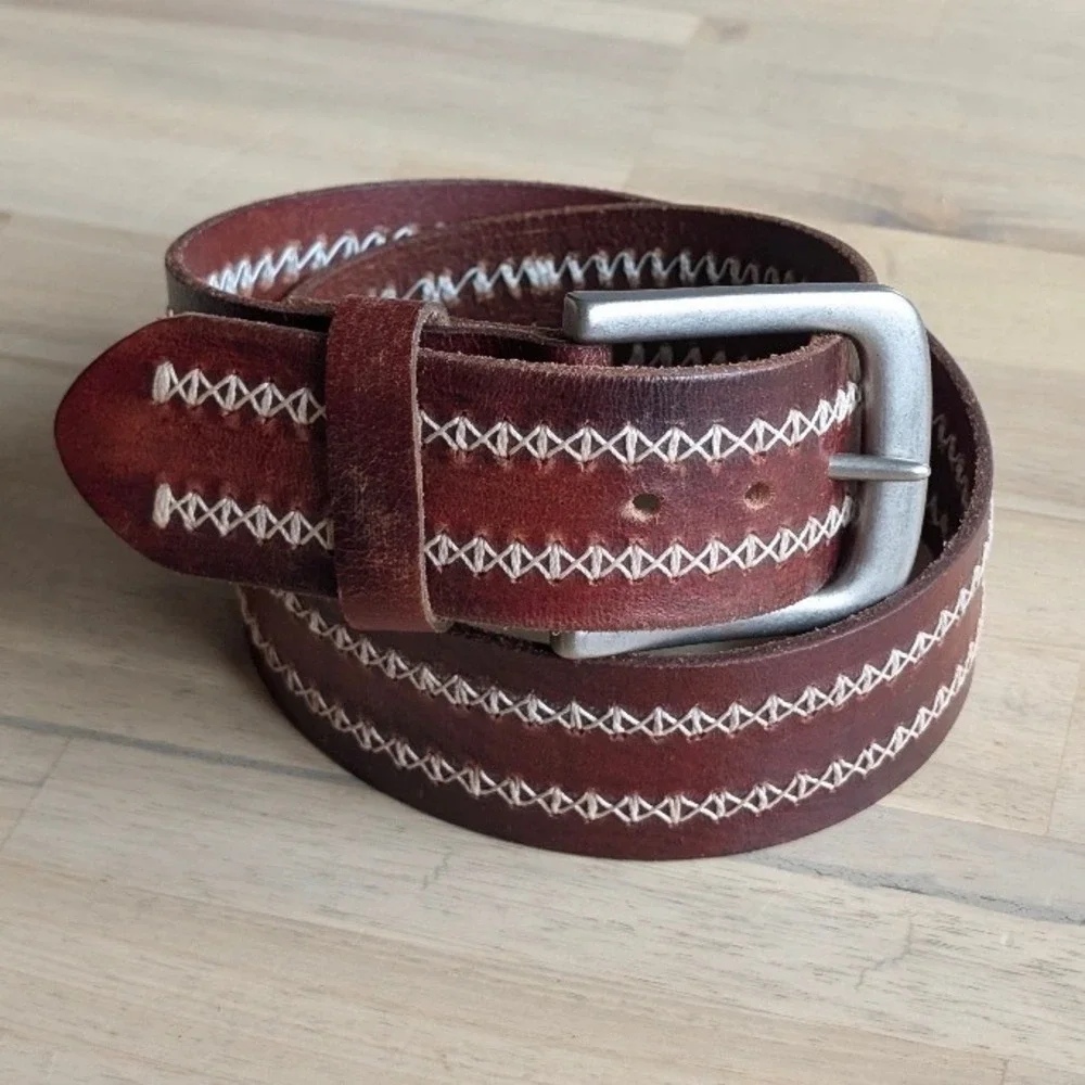 BRAVE Leather Men's Brown Italian Leather Whipstitch Belt Size 30 Made in Canada